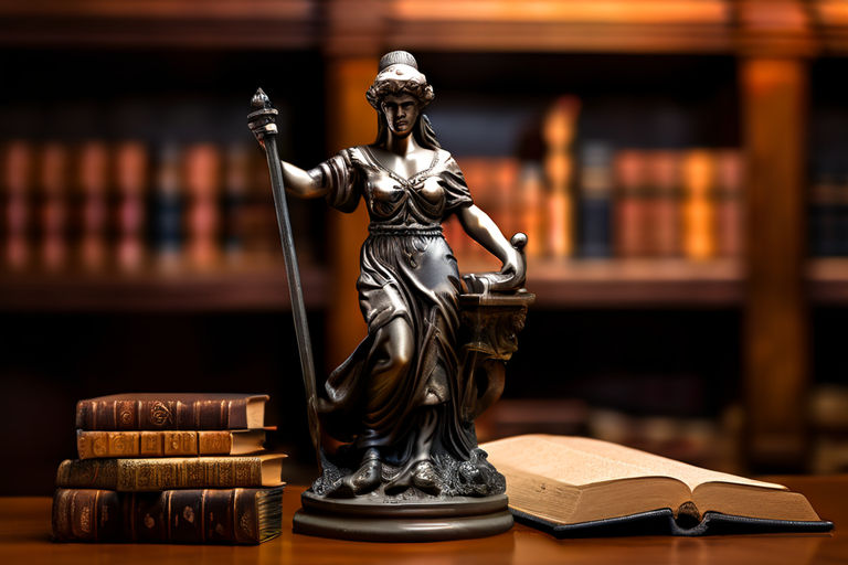 modern judge's office, figurine of Themis and old books